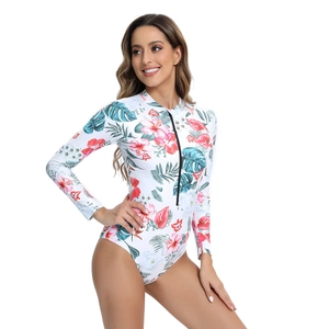 Maillot de bain une pièce à manches longues avec imprimé tropical et zip pour femmes
