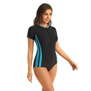 Short sleeve one-piece swimsuit in black with light blue side stripes and front zipper detail
