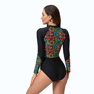 Detail of long sleeve swimsuit with colorful geometric mosaic print on back and sleeves