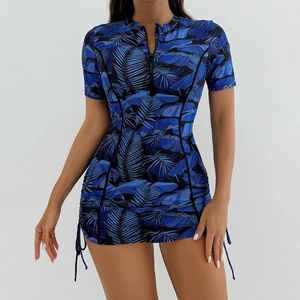 Maillot de bain de surf à manches courtes pour femmes avec imprimé feuilles tropicales