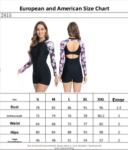 Size chart for women's long sleeve one-piece swimsuit showing S-XXL measurements in cm