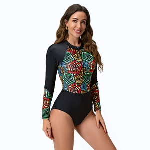 Women's long sleeve one-piece surfing swimsuit with front zipper and geometric patterns