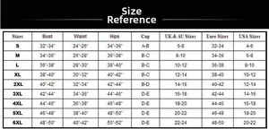 Size chart for women's short sleeve surfing swimsuit from S to 6XL with bust and waist data