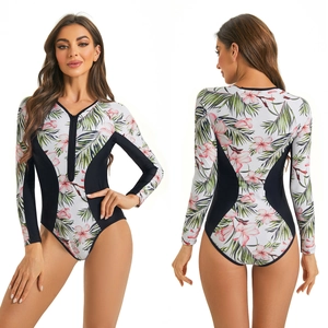 Detailed front and back views of long-sleeve floral swimsuit with slimming side panels