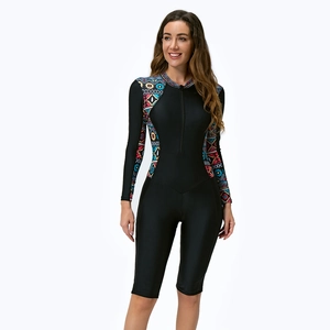 Women's long sleeve one-piece swimsuit with colorful geometric prints and front zipper