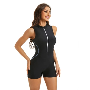 Detail of black one-piece swimsuit featuring a white front zipper and blue side piping trims