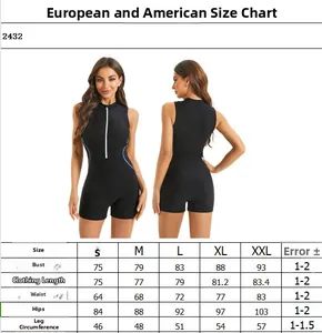 Detailed size chart for black athletic one-piece swimsuit with surfing measurements