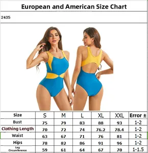 Detailed size chart for women's one-piece swimsuit including bust waist and hip measurements
