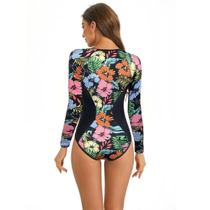Detailed back view of long sleeve one-piece swimsuit with tropical floral print and black panels