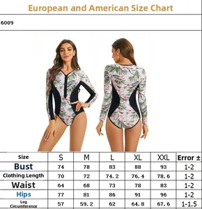 Detailed size chart for women long sleeve athletic swimsuit with US/EU measurements