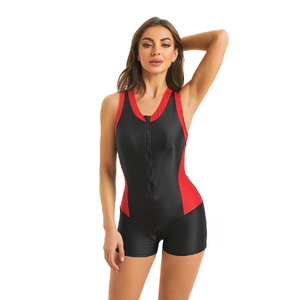 Detail of athletic one-piece swimsuit with front zipper and red contrast side panels