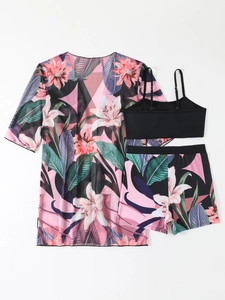 Detailed flat lay of three-piece floral bikini set with long sleeve cover-up and high waist bottoms