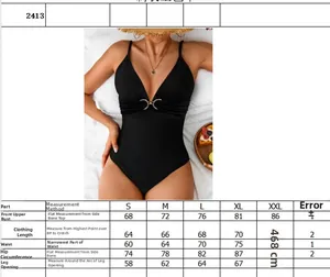 Detailed size chart for minimalist black one-piece swimsuit with metal ring decor
