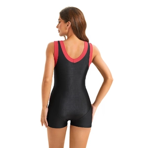 Detail of black one-piece swimsuit with red trim and racerback design for swimming