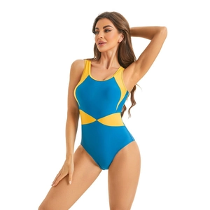 Women's athletic one-piece swimsuit in blue and yellow color block design with open back
