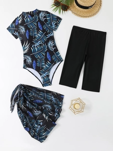 Ensemble de maillot de bain trois pièces noir avec imprimés tropicaux de feuilles bleues