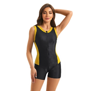 Front view of black athletic one-piece swimsuit with yellow trim and front zipper