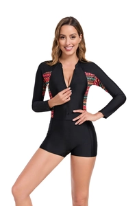 Détail d'un maillot de bain manches longues avec fermeture éclair et motif géométrique
