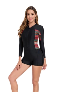 Détail du maillot de bain manches longues avec zip et motifs géométriques colorés
