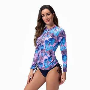 Women's long sleeve sun protection swimsuit with tropical leaf and leopard print