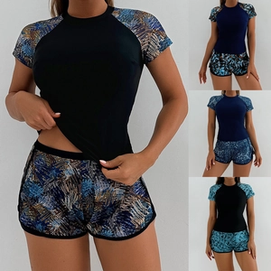 Women's Sporty Tankini Swimsuit Set Short Sleeve Printed Top And Bottom Rash Guard Beachwear Surfing Swimwear