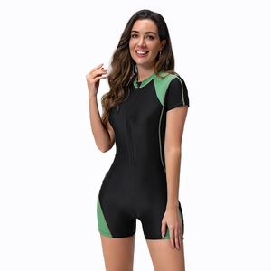 Women's short sleeve one-piece swimsuit with front zipper and green trim details