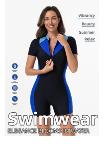 Detalle de traje de baño de surf azul y negro de manga corta con cremallera frontal