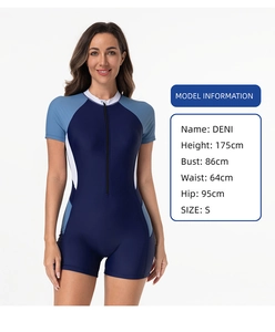 Detailed close-up of short sleeve one-piece swimsuit with front zipper and stand collar