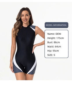 Detailansicht eines sportlichen Badeanzugs mit Color-Blocking an der Taille und Reißverschluss