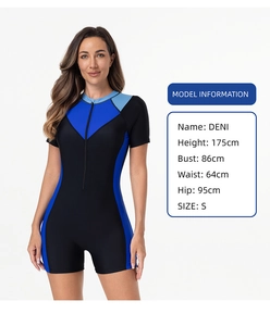 Detalle de traje de baño estilo neopreno de manga corta con cremallera frontal deportiva