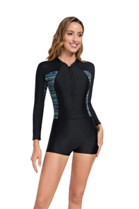 Détail du maillot de bain manches longues pour femme avec zip frontal et motifs géométriques