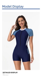 Detailed front view of women's short sleeve swimsuit with vertical chest zipper and blue panels