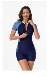 Detailed view of short sleeve one-piece swimsuit with front zipper and contrast panels