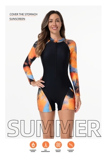 Front zipper detail on long sleeve surfing swimsuit with floral print and high elasticity