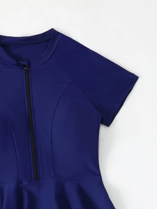 Detail of dark blue short sleeve swimwear with high collar and front zipper closure