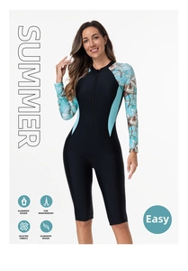 Detail of long-sleeved floral print surf suit with front zipper and athletic knee-length cut