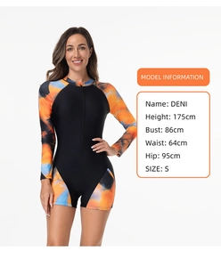 Detail of long-sleeved surfboard swimsuit with colorful ink print and front zipper