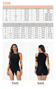 Detailed size chart for long sleeve surfing swimsuit featuring body measurements in cm and inches
