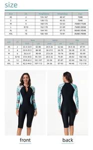Detailed size chart for long sleeve printed surfing swimsuit ranging from size XS to XXL