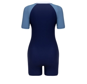 Rear view of short-sleeved one-piece swimsuit featuring blue contrast stitching detail