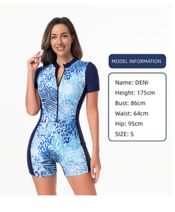 Short sleeve one piece swimsuit with animal print and side panels shown with size chart