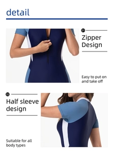 Detail of navy blue one-piece swimsuit featuring half sleeves and a front zipper design