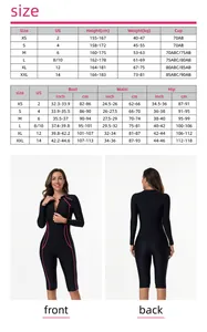 Tableau des tailles détaillé pour maillot de bain manches longues, tailles US 2-14 et XS-XXL