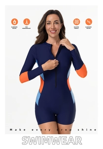 Detail view of long-sleeve surfing swimsuit with front zipper and color-block side panels