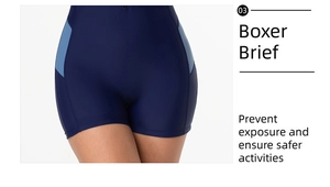 Detail of short sleeve swimsuit showing boxer brief design and blue side stitching