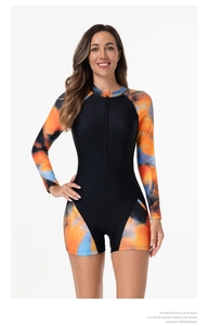 Close-up of long sleeve swimsuit with tie-dye print side panels and front zipper closure