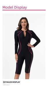 Détail du maillot de bain manches longues avec lignes roses et zip pour le surf