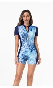 Short sleeve one-piece swimsuit with blue animal print and front zipper detail