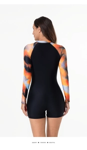Rear view of long sleeve one-piece swimsuit with abstract orange and blue tie-dye print sleeves