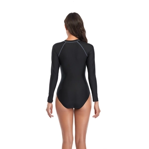 Rear view of long sleeve one-piece surfing swimsuit with contrast stitching details